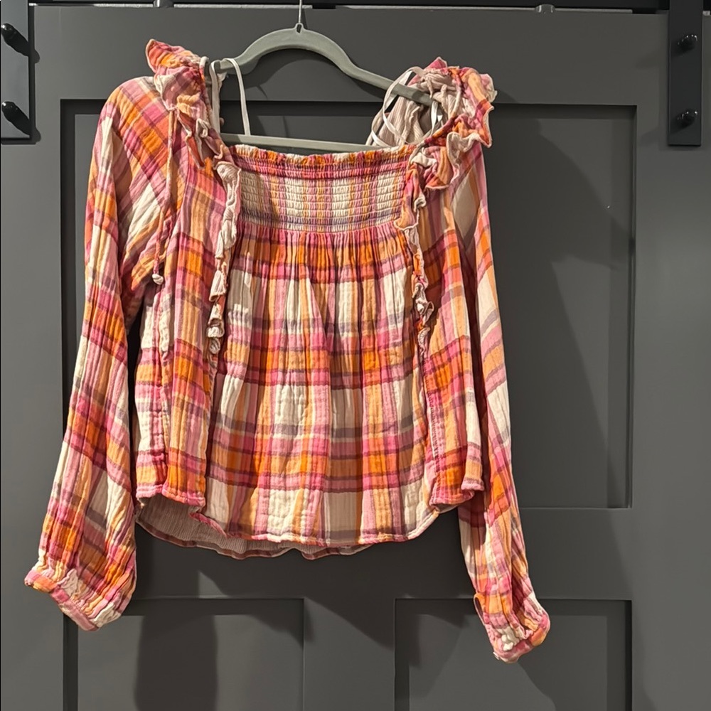 We The Free Plaid Blouse - Pink and Orange